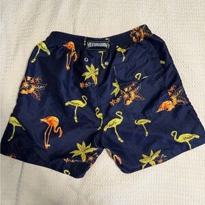 Vilebrequin Navy Swim Shorts with Yellow & Orange Flamingo Print